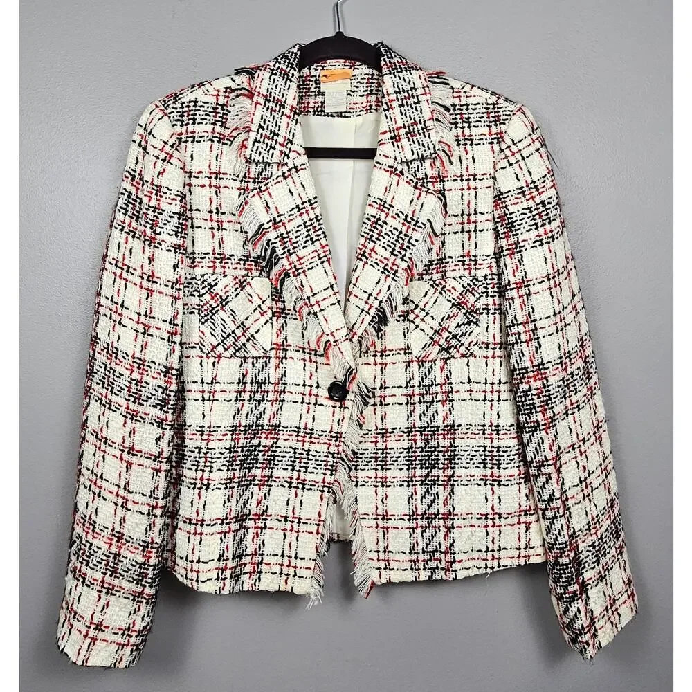 Studio C Tweed Plaid Short Blazer Jacket Ivory Black Red Frayed Trim‎ Lined 14